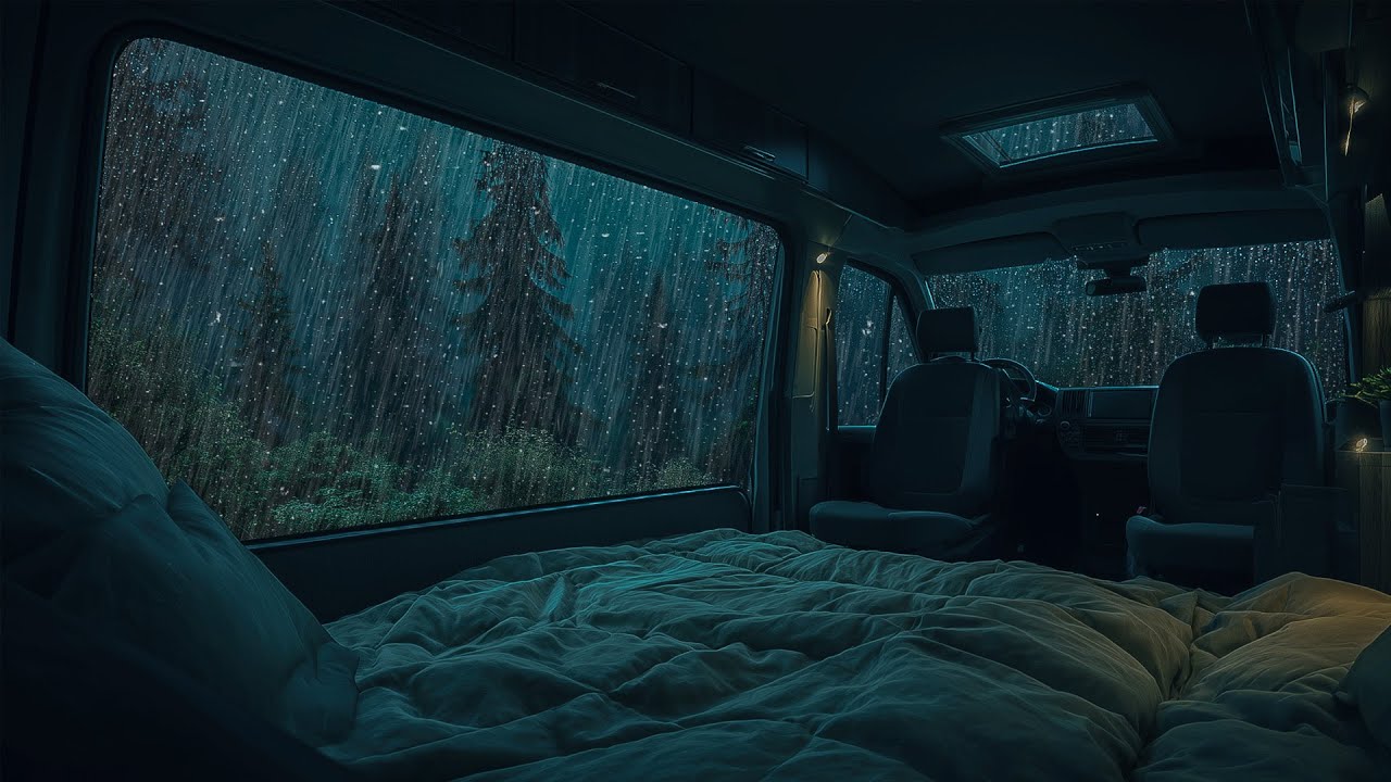 10 Hours⚡️ Forest Rain at Night in a Quiet Camper Van