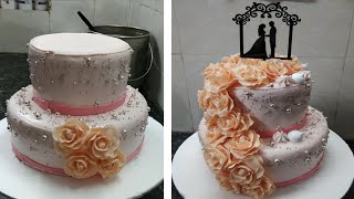 Amazing two tire wedding Anniversary cake Design |Fondant flowers cake |Engagement cake Recipe