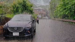 Heavy Rain In Quiet Japanese Village |  Walking In The Rain |  Fall asleep to the sound of rain