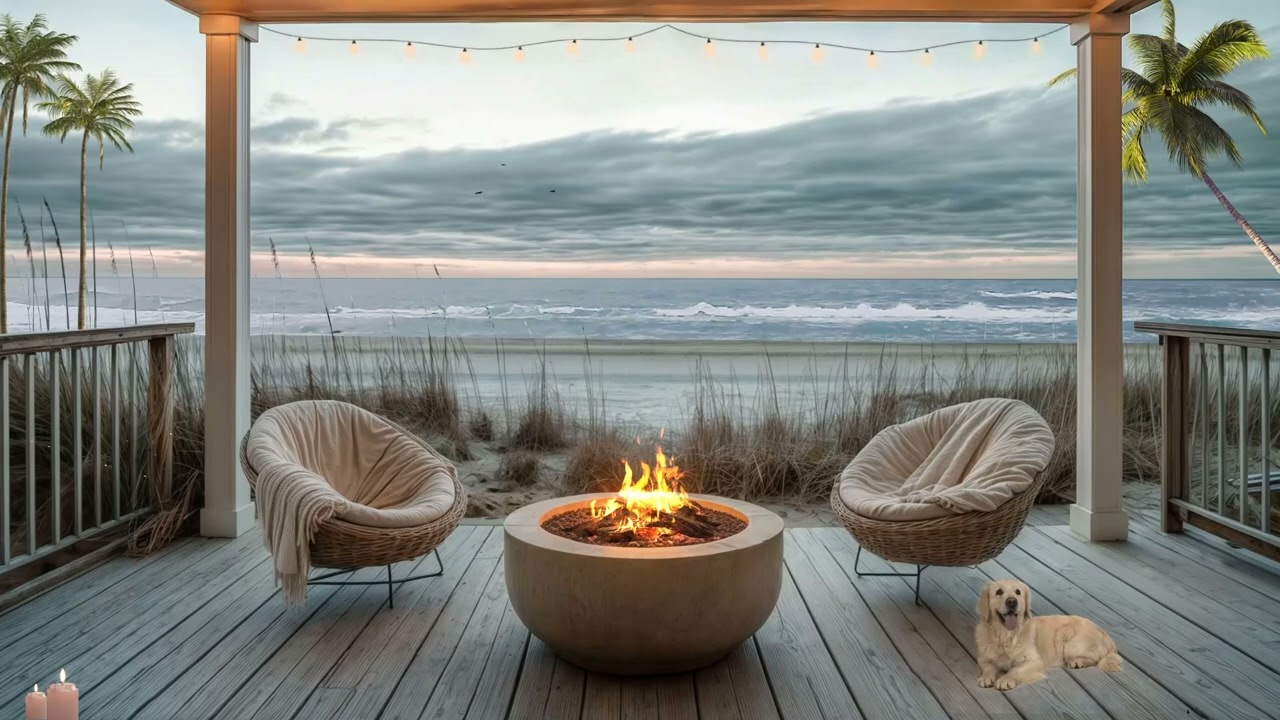 Cozy Winter Porch with Crackling Fire & Ocean Waves | Ultimate Relaxing Ambiance