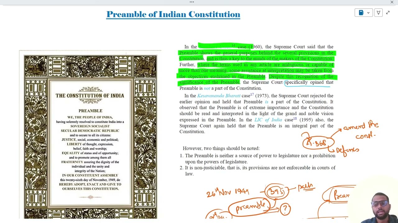 5. Understanding the Preamble Keywords & Supreme Court Verdicts .Is it a part of Indian Constitution