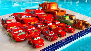 Disney Pixar Cars falling into deep pool, Lightning McQueen, Tow Mater, Mack, Sally, Francesco