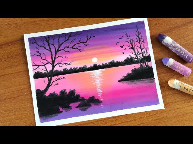 sunset scenery drawing | sunset scenery drawing with oil pastels - YouTube