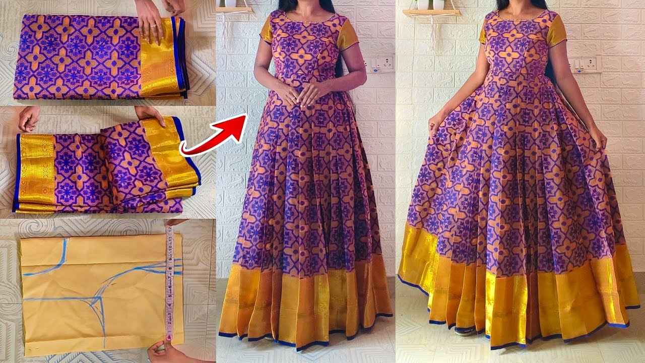 Convert Saree into perfect pleated princess cut long dress/frock/gown | Step by Step for Beginners
