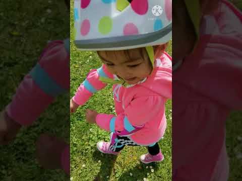 Baby Charleen learns how to ride her new pink Yvolution Y Glider Kiwi Scooter