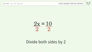 Linear equation with one unknown: Solve 4x-8-2x=2 step-by-step solution