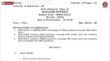 MSC 3RD SEM PHYSICS NUCLEAR PHYSICS DEC 2022 | PTU