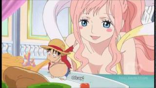 One piece- princess Shirahoshi pushes Luffy's cheek episode 532