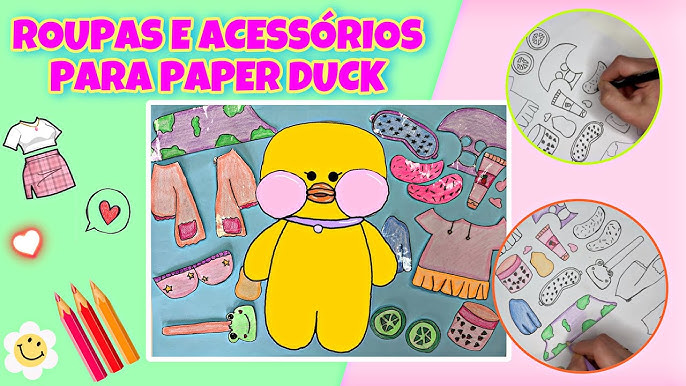 Pato Lalafanfan Rosa Paper Duck de pelúcia com roupas e acessórios Con