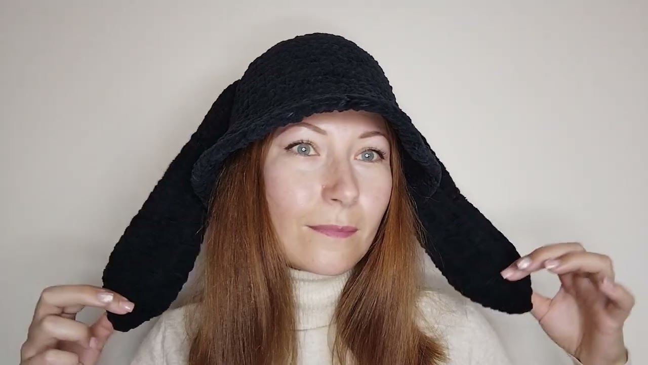 Black bunny bucket hat with bunny ears. Fluffy bucket hat crochet. Plush bunny bucket hat.