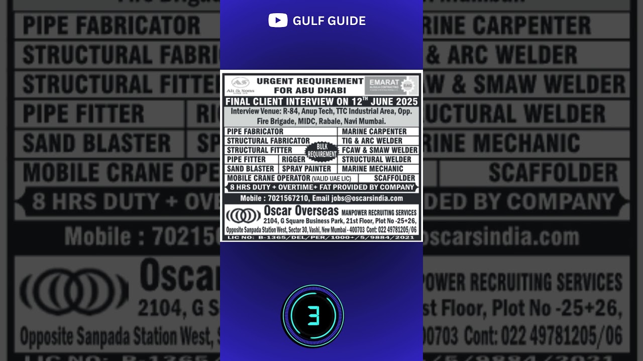 Jobs For Pipe Fabricator | Marine Carpenter | Rigger | Sand Blaster | Spray Painter | PD 070625