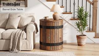 Wood Barrel Storage End Table | Farmhouse Vintage Round Side Table for Living Room 🔨 - RR0054