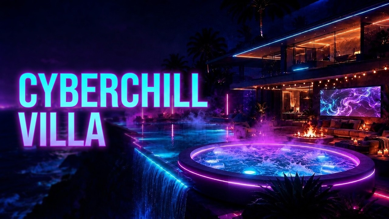 Luxury Neon Villa with Waterfall | Gentle Acoustic Guitar Cyberchill Mix