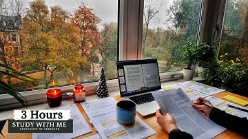 3 HOUR STUDY WITH ME on A RAINY DAY   Background noise, 10 min Break, No music, Study with Merve