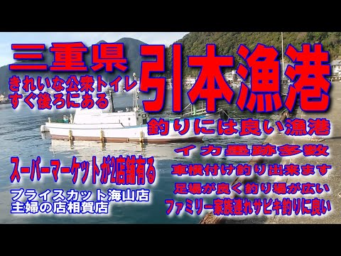 #135三重県引本漁港釣りには良い漁港きれいな公衆トイレすぐ後ろにあるプライスカット海山店主婦の店相賀店ファミリー家族連れサビキ釣り良イカ墨跡多数足場が良く釣り場広い車横付け釣り出来ます波止が低い安全