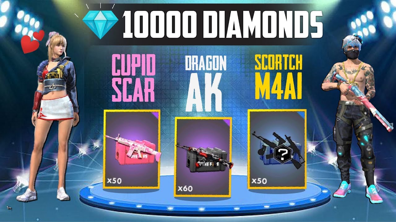 Freefire : 10000 Diamonds worth of Crate Opening | Dragon AK | Cupid scar |  Scortching M4A1 - 