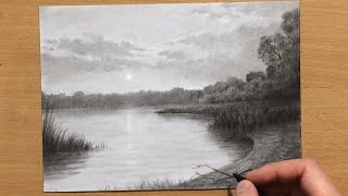 Sunset on a Lake Charcoal Drawing