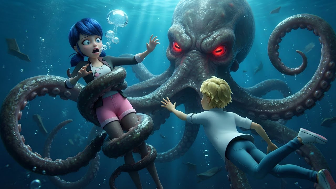 Marinette got attacked by an octopus😱🐙, adrien came to rescue her. 