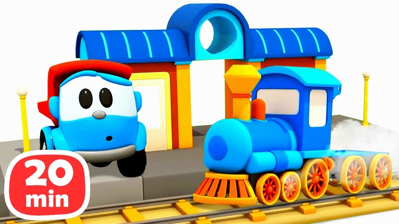 Çizgi film. Oyuncak kamyon Leo ve oyuncak tren. Bebek oyunları.