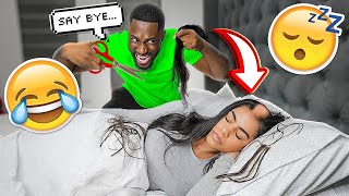 CUTTING HER HAIR WHILE SHE'S SLEEPING! *REALLY BAD IDEA*