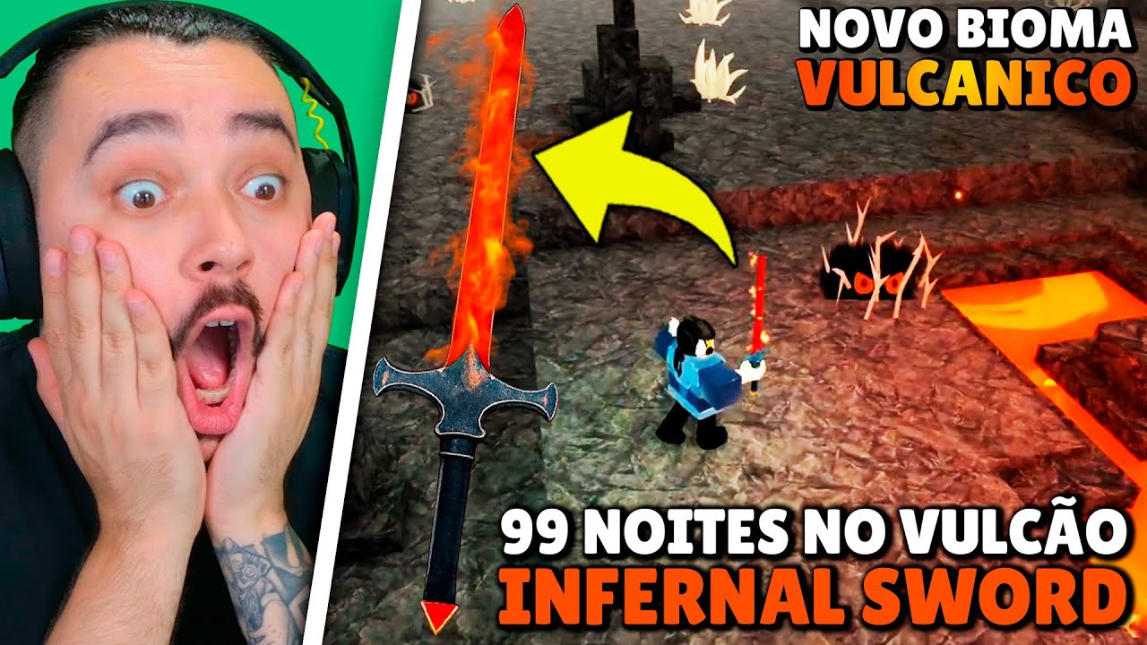 NOVO BIOMA DE VULCÃO E EU ENCONTREI A INFERNAL SWORD DE LAVA!! | 99 NOITES NA FLORESTA - ROBLOX