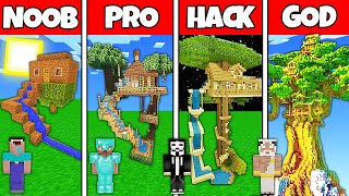 Minecraft Battle: NOOB vs PRO vs HACKER vs GOD! TREE HOUSE WITH WATER SLIDE BUILD CHALLENGE