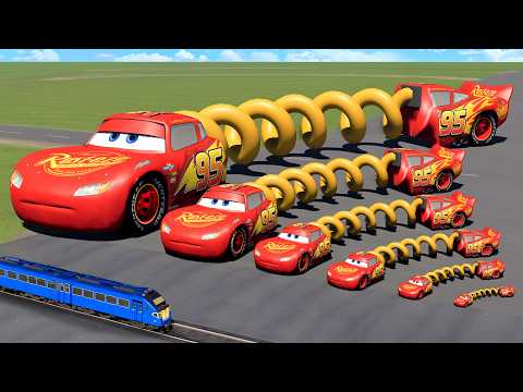 Big & Small Long Flexible Spring Lightning Mcqueen vs Train Thomas | BeamNG.Drive