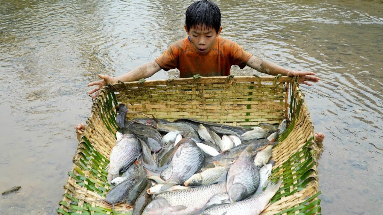How to catch many giant fish: A boy weaves a bamboo basket to harvest fish in winter