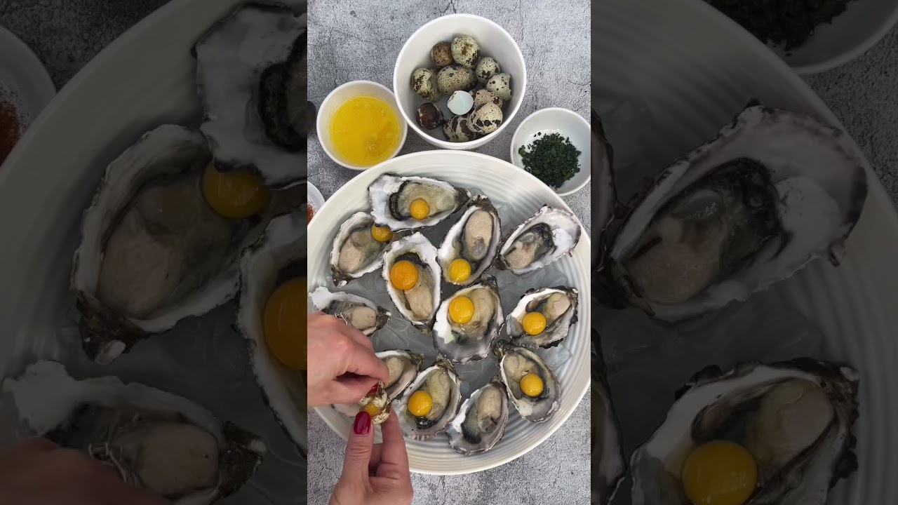 Grilled Oysters with Quail Eggs, Garlic Butter and Coriander.