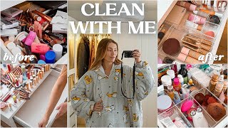 CLEAN \& DECLUTTER WITH ME | organising my ENTIRE makeup collection 💄✨