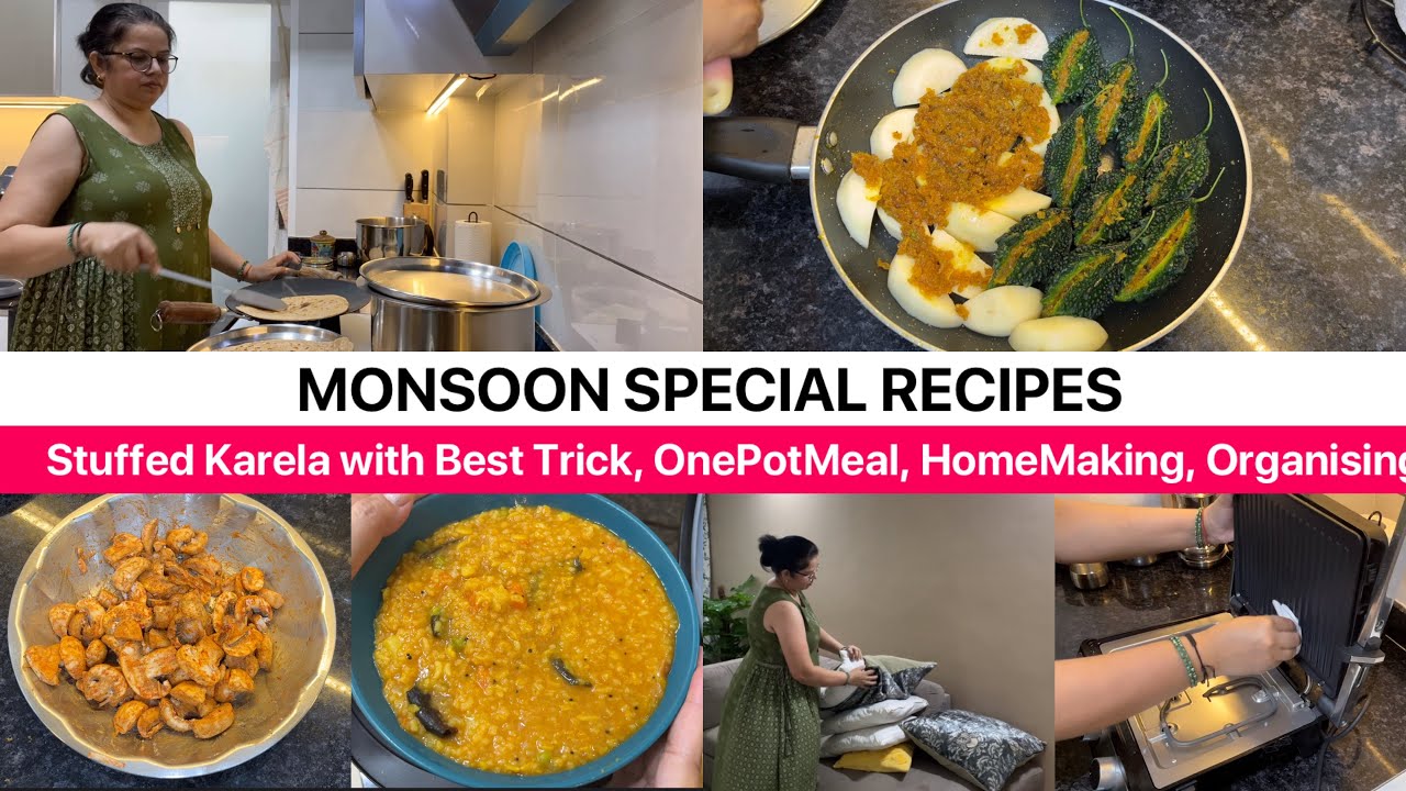 Easy Daily Food Recipes for RAINY DAY | Bhuna Aloo/Sambhar Rice/Bharwa Karela/Mushroom Matar