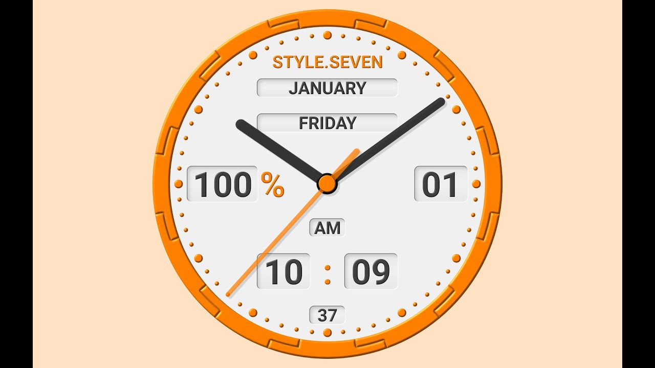 Часы 7:00. Аналоговые часы. 11 12 1 Styleseven понедельник январь 16 24% 8 9 c.. T logo with Analog Clock.