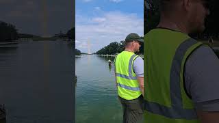 Lincoln Memorial Reflecting Pool Algae attack being cleaned with Push Brooms manually ?