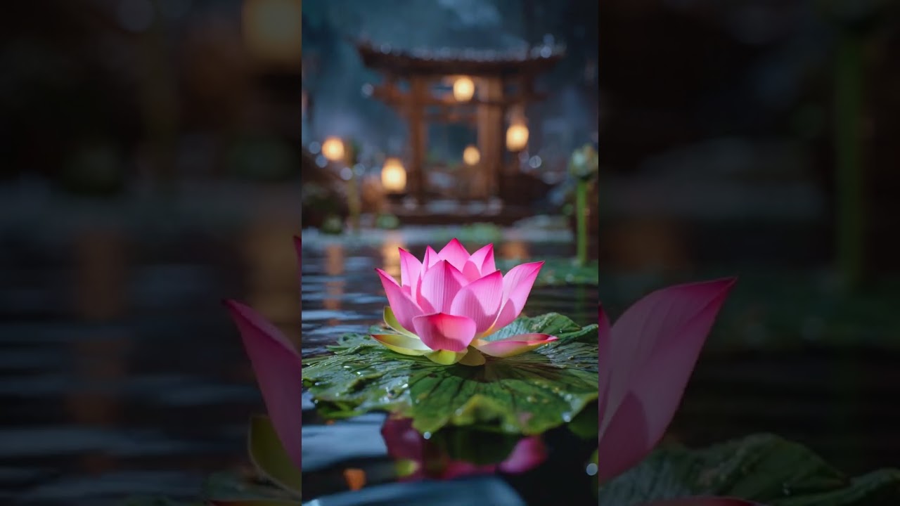 While the rain falls over the river, the pink lotus flower slowly opens and blossoms
