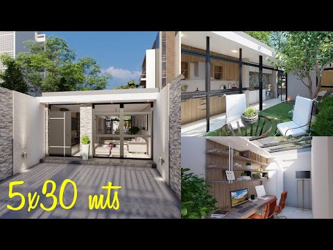 Plano de casa con oficina y jardín interno | Planos de casas pequeñas