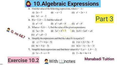 7th class maths|Chapter 10|🤷‍♀️Algebraic Expressions|💁‍♀️Exercise 10.2 |Q no 6&7 |part 3|with notes|