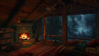 Cozy Wooden Attic At Night | Fireplace, Heavy Rain And Distant Thunder | Relax, Sleep, Study 🔥