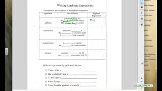 Ch  6 Lesson 4 Writing Algebraic Expressions