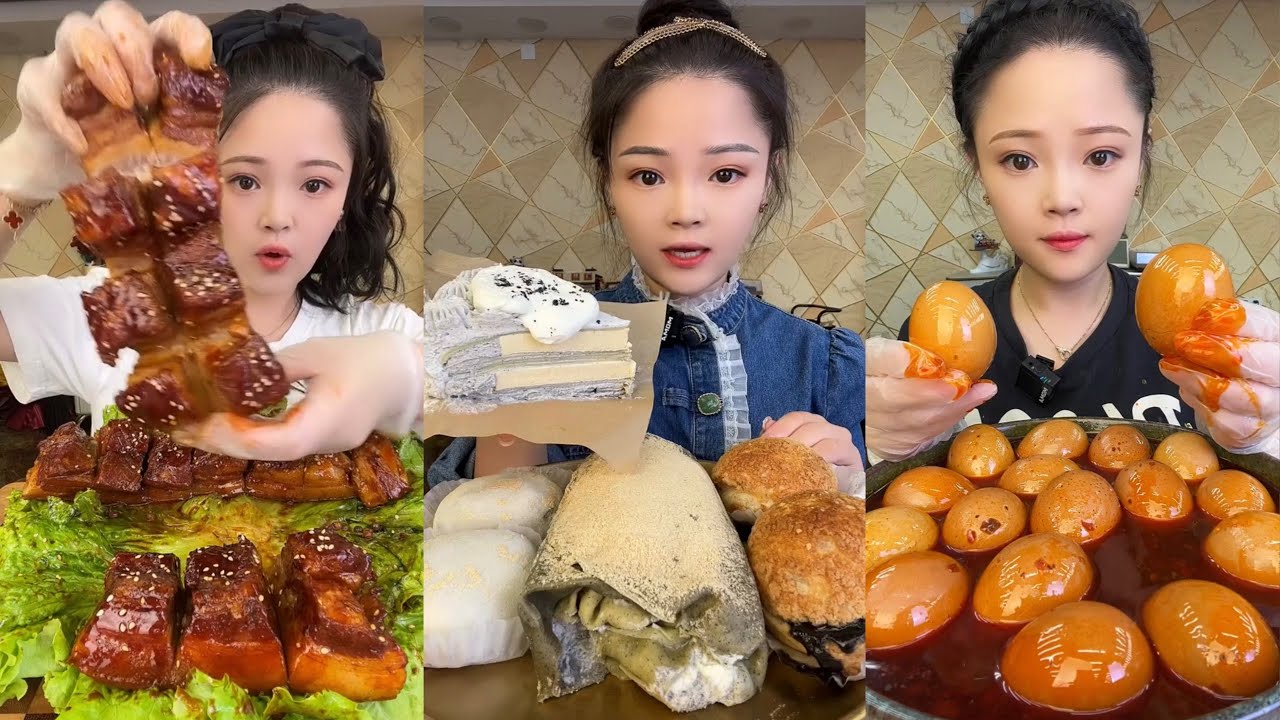 ASMR Mukbang |"BIG BITE" Chinese Girls Eating Pork Belly" Enjoying Delicious Treats, 음식 먹방 모음이 