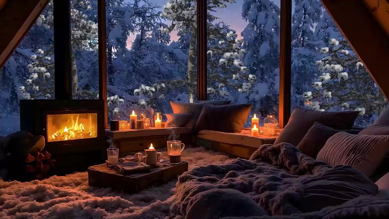 Cozy Snowy Cabin Ambience ️ Fireplace Crackle, Smooth Jazz & Falling ...