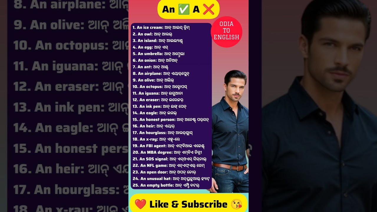 25 words using article An not A for beginners basic level 