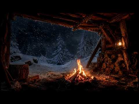 Snowstorm Survival Campfire Shelter ❄️ Blizzard Sounds & Crackling Fire for Deep Sleep (8 Hours)