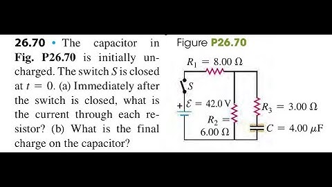 The capacitor in is initially uncharged. The switch is closed at 0. (a) Immediatelyafter the switch