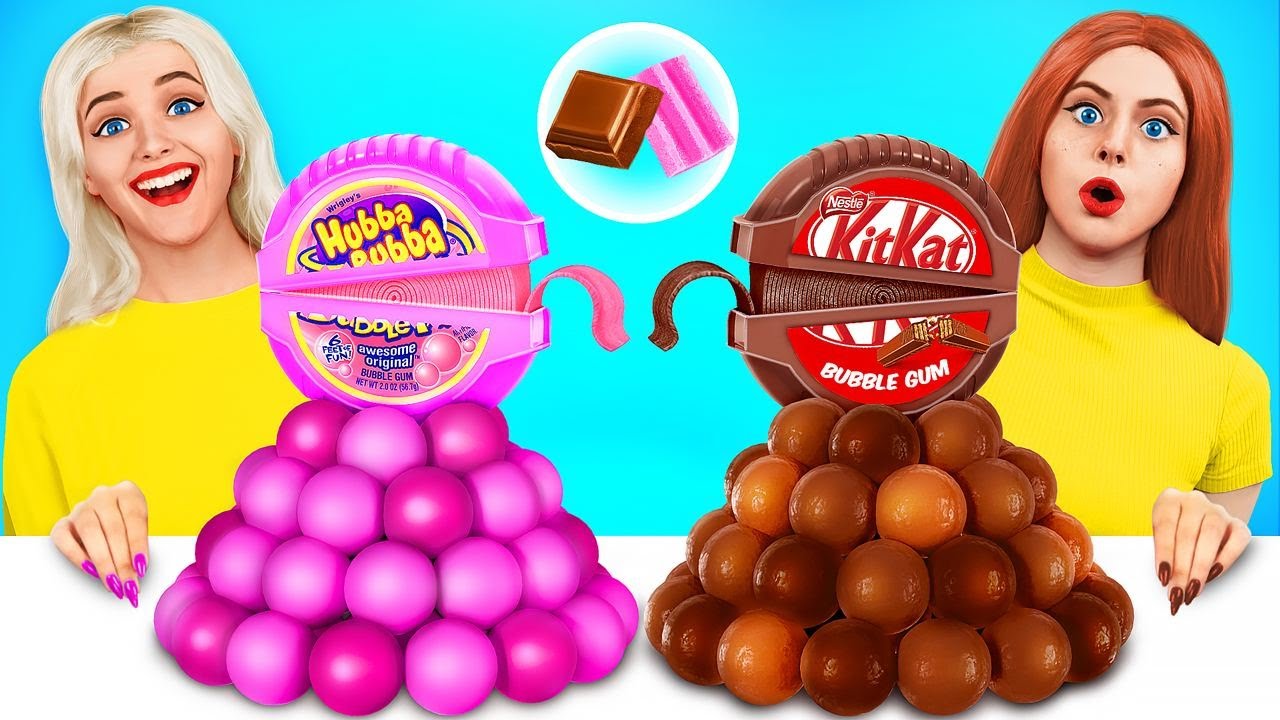 Bubble Gum vs Chocolate Food Challenge Eating Only 100 Layers of