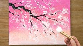 Cherry Blossom Tree Under Pink Sky / Cotton Painting Technique #469