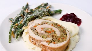 This turkey roulade with sausage stuffing will not only impress
guests, but be ready in a fraction of the time as cooking whole bird.
get for thanksg...