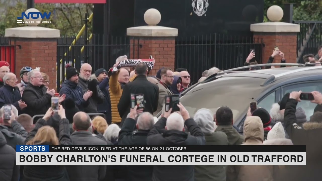 Bobby Charlton's funeral cortege passes by Old Trafford
