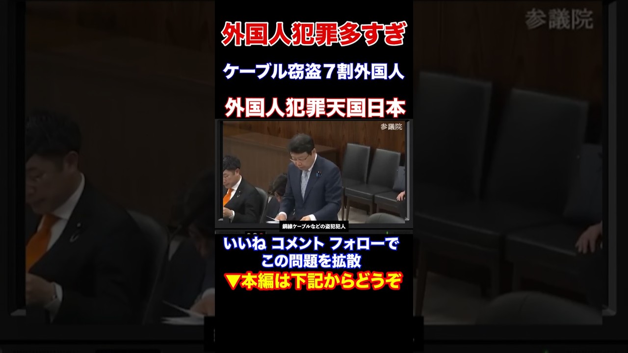 『本編動画もどうぞ』ケーブル盗犯の70%以上が外国人 日本は外国人の犯罪天国 政府も政治家もやる気あるの?日本保守党 北村晴男参議院議員 #Shorts