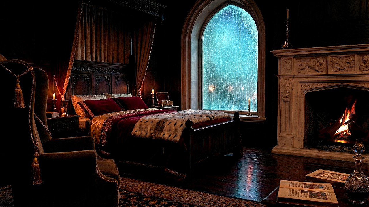 Midnight Manor: Heavy Rain Against Window & Crackling Fire in a Gothic Bedroom - Rainy Day Healing