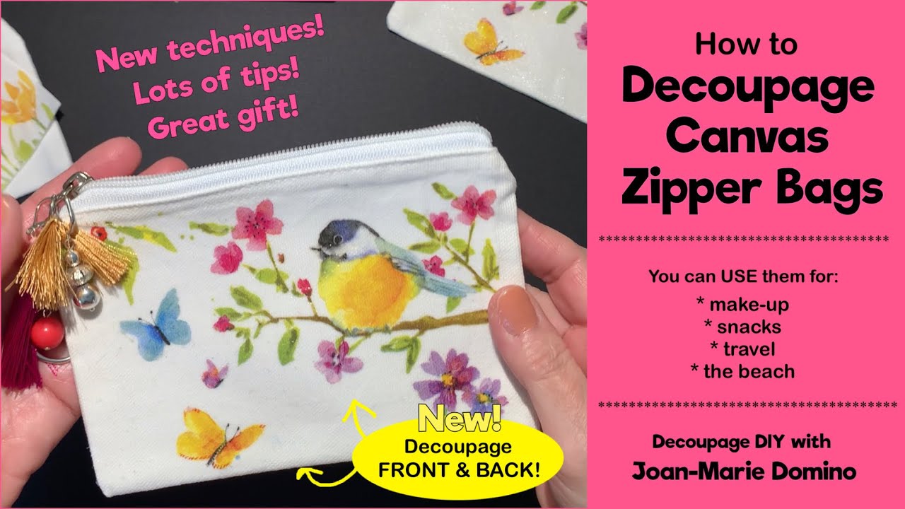 DECOUPAGE A STUNNING CANVAS ZIP MAKE UP BAG NO MESS With NAPKINS DECOUPAGE A STUNNING CANVAS ZIP MAKE UP BAG NO MESS With NAPKINS